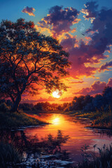 Naklejka premium A painting of a sunset over a river with a tree in the foreground