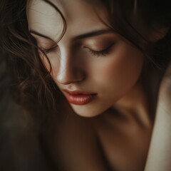 Fototapeta premium An intimate shot of a woman, embodying tranquility and softness in delicate light.