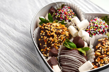 Handmade strawberry dessert coated in crushed nuts and white glaze in paper container. Fresh green leaves add a vibrant touch. Styled for festive look