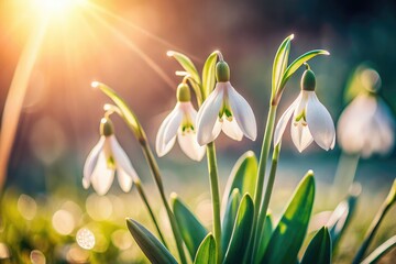 Fototapeta premium Breathtaking macro photos of snowdrops in sunlight showcase early spring blooms, featuring soft focus and rich colors, ideal for nature lovers and floral enthusiasts.