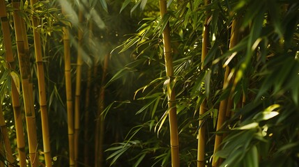 Sunbeams filtering through dense bamboo forest.