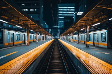 Fototapeta premium An atmospheric nighttime scene of trains and platforms in a modern city station.