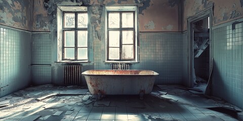 An abandoned bathroom setting featuring a vintage bathtub surrounded by signs of decay and neglect.
