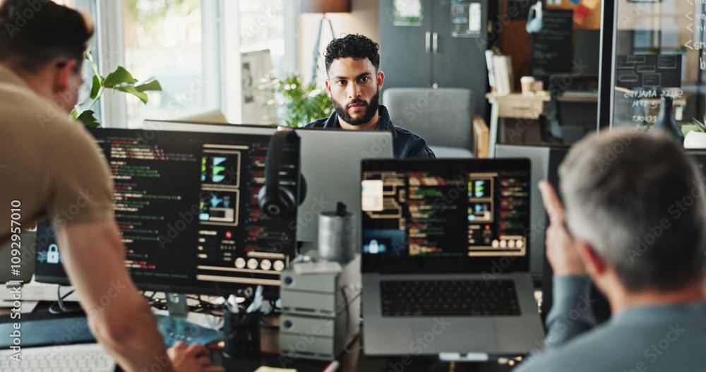 Aufkleber Man, developer and programmer with computer for coding solutions, problem solving or ideas at office. Male people, designers or employees working on technology for software development at workplace