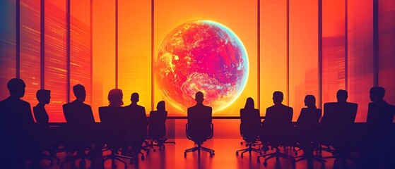 Holographic globe in a corporate meeting setting, flat design illustration