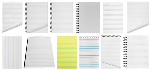 collection isolated spiral paper notebook and  page on the transparent backgrounds