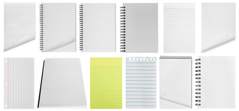 collection isolated spiral paper notebook and  page on the transparent backgrounds