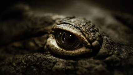 Eye of a crocodile close-up. It has a slit pupil bordered by an iris and a relatively large lens....