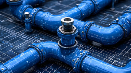 Blue Pipes: Industrial Design Blueprint Close-up