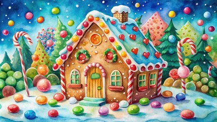 Bright gingerbread house adorned with colorful candies creates a whimsical watercolor scene, bursting with sweetness and festive charm, capturing the spirit of holiday joy.