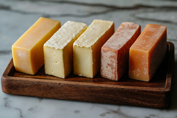 A wooden tray with four different types of cheese on it