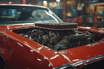 Obraz premium Powerful engine showing its potential in a red classic car