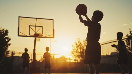 Silhouetted basketball players practicing jump shots on outdoor court at sunset with hoop backboard, copy space