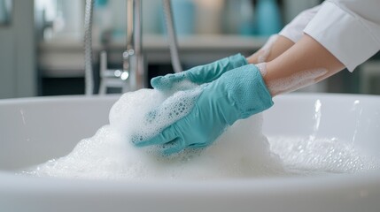 Fototapeta premium bathtub cleaning sparkle concept, A person in gloves is washing items in a sink filled with foamy soap bubbles, focusing on cleanliness and hygiene.