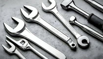 Collection of shiny metal wrenches and tools arranged on a textured grey surface.  High-quality image ideal for industrial or engineering themes.