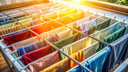 Fototapeta premium Bright sunlight illuminates freshly washed clothes hanging on a drying rack, showcasing a tidy indoor space, soft textures, and a cozy atmosphere of sustainable living and cleanliness.