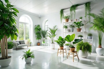 Bright white room with lush green plants, exuding minimalist charm. Emphasizing natural light, this modern living space showcases fresh decor and elegant plant accents.