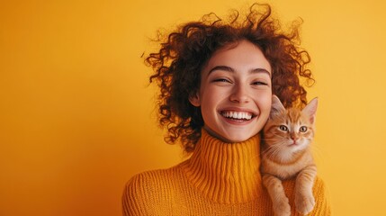 A cheerful woman grins widely while holding a quirky orange cat close to her shoulder. The vibrant yellow background enhances the happiness
