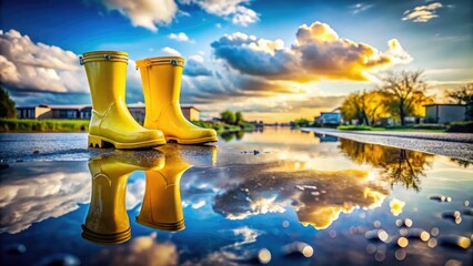 Bright yellow rain boots standing in a puddle, ideal for capturing weather themes and showcasing stylish footwear photography. A perfect blend of function and fashion.