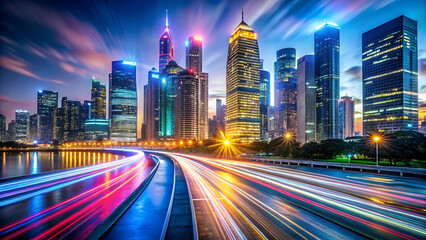 Obraz premium A city skyline at night with a highway in the background