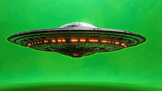 Unidentified Flying Object: A detailed 3D rendering of a futuristic UFO against a green screen background.  This image is perfect for creating compelling science fiction, fantasy.