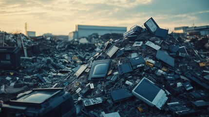 Massive pile of discarded electronics and circuit boards, highlighting e-waste. environmental issues