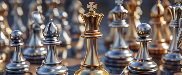 chess battle, victory, success, team leader, teamwork, business strategy, chess gold and silver king surrounded with SILVER and GOLD chess pieces on game competition,  generate by AI