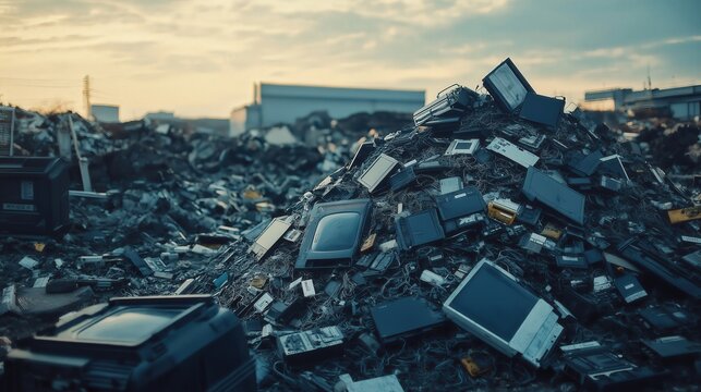 Massive pile of discarded electronics and circuit boards, highlighting e-waste. environmental issues