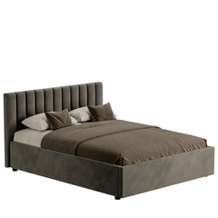 A bed with a brown comforter and pillows