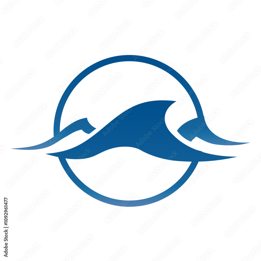 Poster this is an abstract flat logo of a wave in blue color in round circle shape on a white background