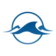 This is an abstract flat logo of a wave in blue color in round circle shape on a white background