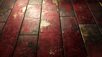 This image showcases a vibrant red wooden floor with intricate golden accents, revealing a rich...