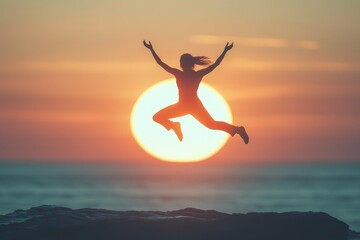 A silhouette of a person doing jumping jacks at sunrise, ocean horizon in the background with ample text room