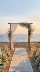 Fototapeta premium Romantic Beach Sunset Wedding with Elegant Pastel Decor 