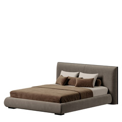 A bed with a brown comforter and pillows