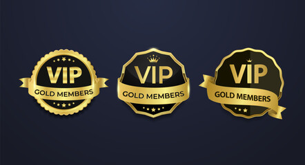 Three gold VIP gold member badges with different designs on a black background
