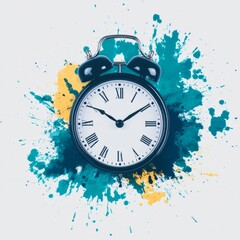 Classic alarm clock on vibrant paint splash background.