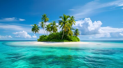 Tropical island paradise with palm trees, white sand beach, and turquoise ocean under a vibrant blue sky.