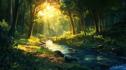 Summer Forest Landscape with a Small River and Sunlight Through Trees, AI generated illustration
