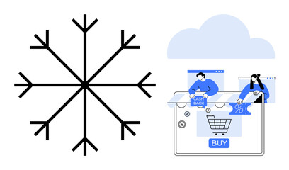 Large snowflake next to people browsing online shopping deals on a digital platform. Ideal for winter sales, e-commerce, holiday promotions, digital marketing, online retail, tech, seasonal offers