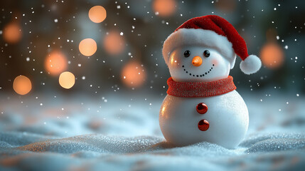 Illustration of snowman in scarf, character, mascot, banner with copy space, Happy New Year and Merry Christmas