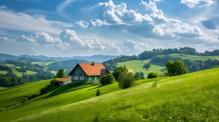 Obraz premium Idyllic rural house on green hill, sunny day.