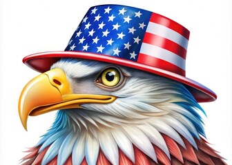 Cartoon American Eagle Wearing Patriotic Hat, Independence Day Mascot for 4th of July Designs, Macro Photography of Eagle Character, Festive Banner, Card, and Sticker Ideas
