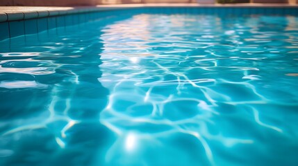 Fototapeta premium Rippling turquoise swimming pool water surface showing sunlight reflections and caustic wave patterns, copy space
