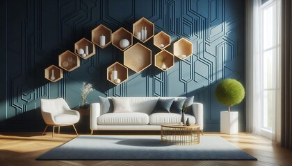 Obraz premium Modern Living Room With Geometric Wall Art and Pendant Lights. generator AI