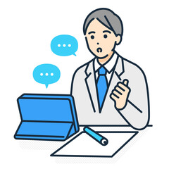 机に座って勉強する高校生。タブレットでオンライン授業を受ける男の子のベクターイラスト。