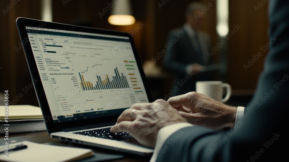 Aufkleber a person working on a laptop displaying financial data in a professional setting.