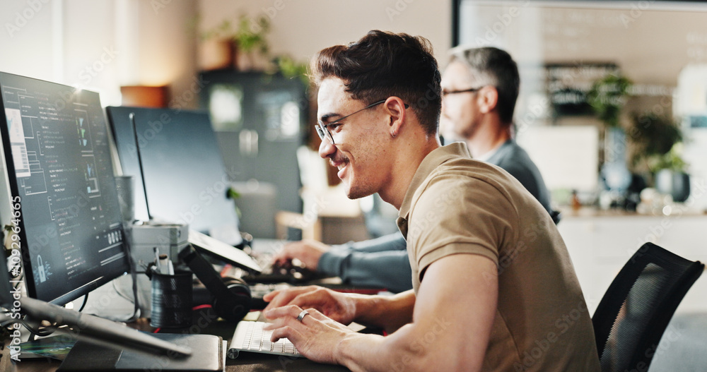 Aufkleber Computer, typing and web development with happy man in creative workplace for coding or design. Cybersecurity, language and system infrastructure with smile of employee person in office as developer