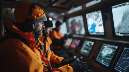 Crew members in bright jackets focus intently on multiple screens, ensuring safe navigation during a critical night operation.