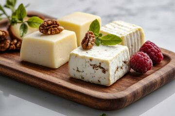 A wooden cutting board topped with different types of cheese
